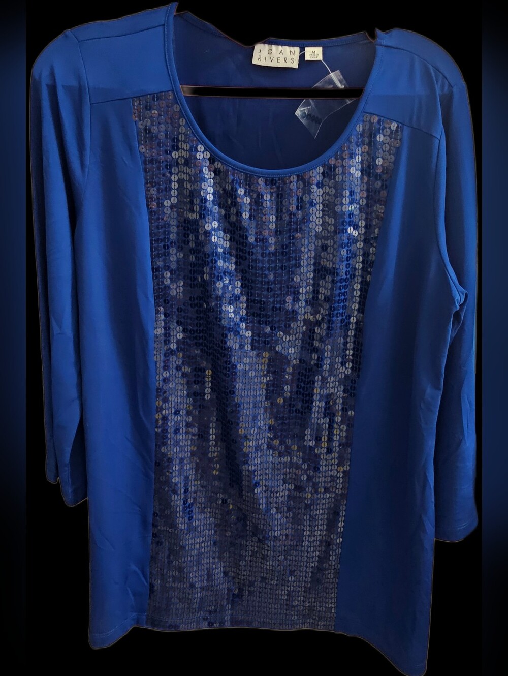 Joan Rivers Sequin Panel Knit Top with 3/4 Sleeves Size M Blue